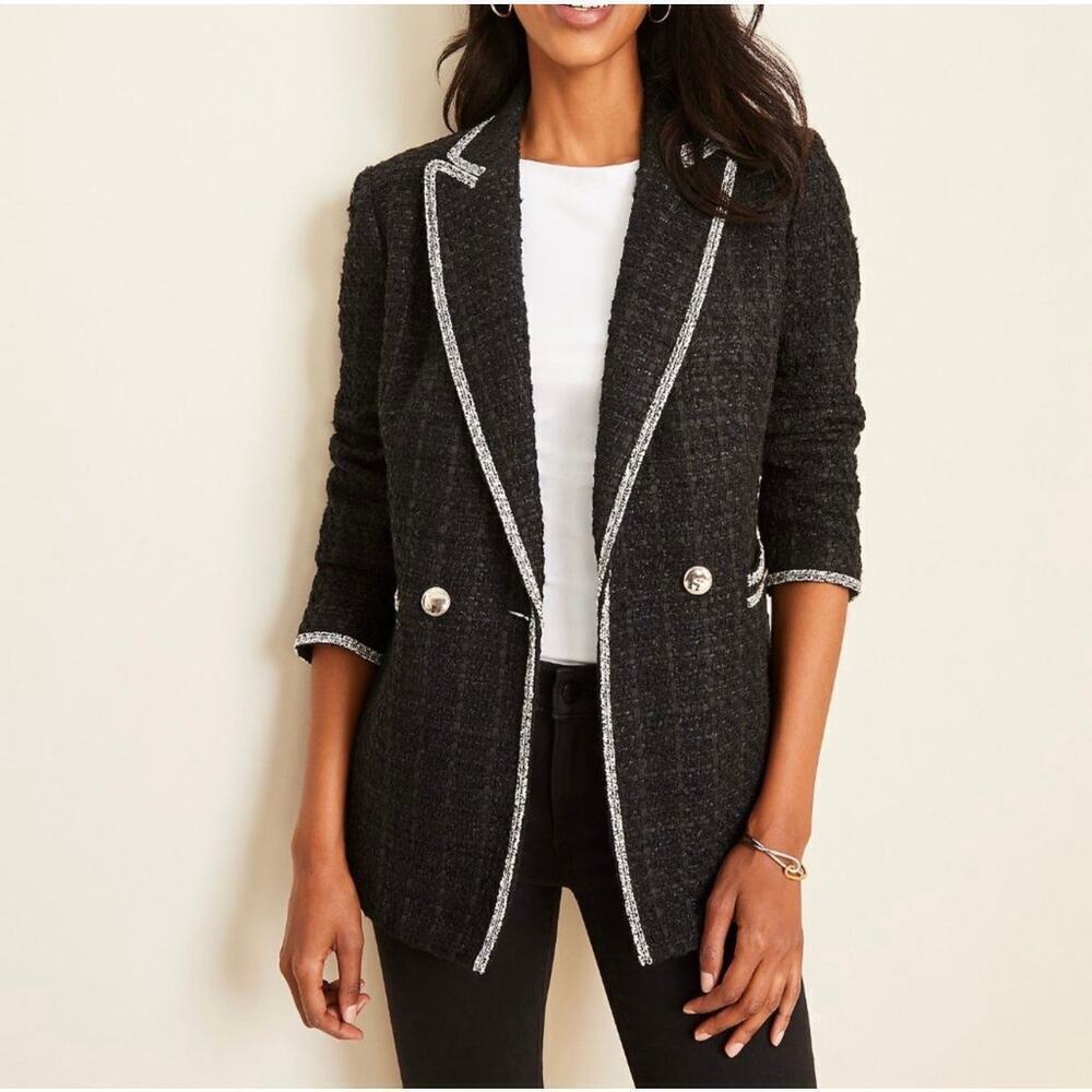 Ann Taylor NWT Long Line Tweed Bloucle Blazer Black/White Size XS Petite